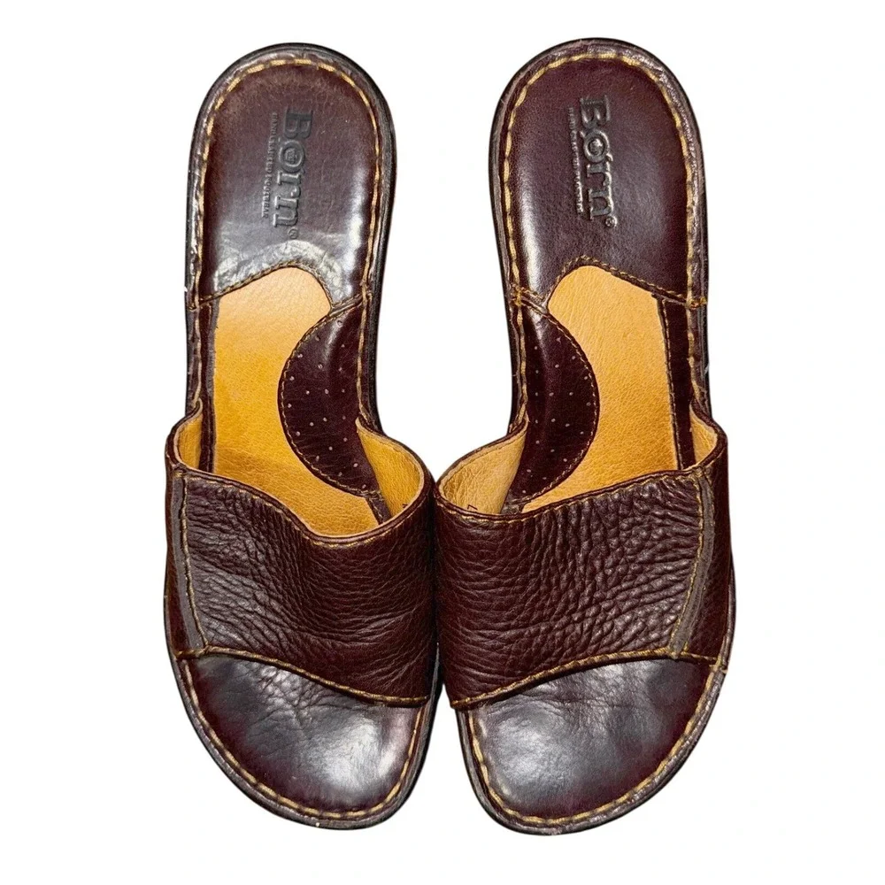 Born Brown Leather Wedge Sandals Slides Women 7 M W61101 L7 Handcrafted Footwear
